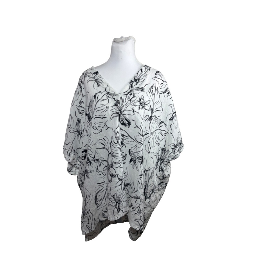 Joie 100% Linen Floral V-Neck Tunic Top White Black Botanical Plus Size 2X